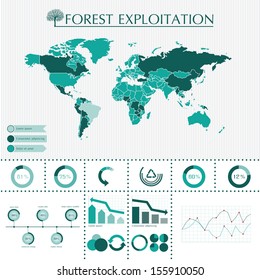 Trees info graphic system with world map, charts and symbols 