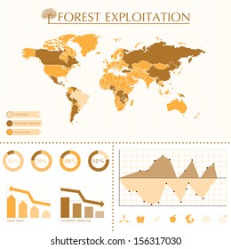 Trees info graphic system with world map, charts and symbols 