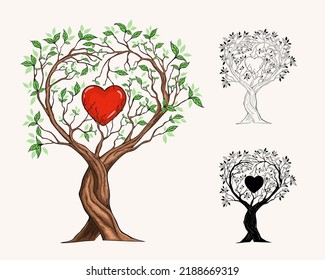 Trees intertwined in heart shape, hand-drawn illustration in vintage style.