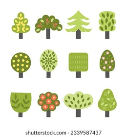 Trees isolated on a white background. Flat vector illustration. Set of 12 different modern tree. 