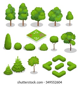 Trees Isometric. Flowers, Grass, Big And Small Trees, Leakage, Bush, Landscape, Garden, Park, Elements. 