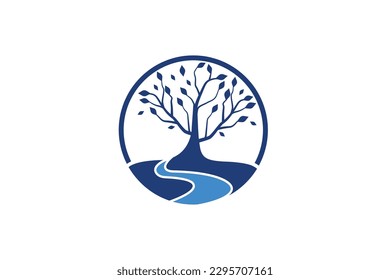 Trees lake forest abstract nature logo design blue navy