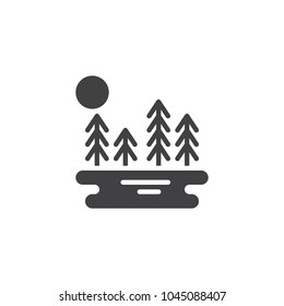Trees and lake with sun vector icon. filled flat sign for mobile concept and web design. Lake in forest nature landscape simple solid icon. Symbol, logo illustration. Pixel perfect vector graphics