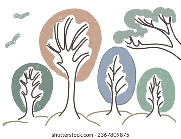 Trees landscape abstract nature forest plants flowered textured trunk, crown.
Elements isolated on a white background, drawn in bulk, sketch