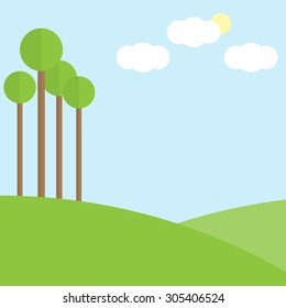 Trees landscape with cloud  sun and green hill, vector illustration