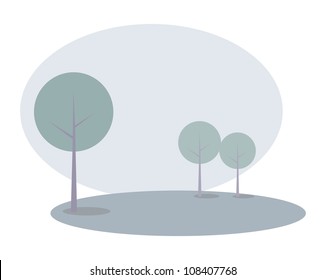 Trees landscape vector illustration. Background in blue, grey and green. Summer or spring morning view with fog