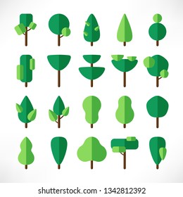 Trees large set in flat paper style isolated on white background. Green tree logo. Simple plants icons. Vector illustration. Use for icons, nature designs, maps, landscapes, web, apps 