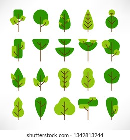 Trees large set in flat style isolated on white background. Green tree logo. Simple plants icons. Vector illustration. Use for icons, nature designs, maps, landscapes, web, apps 