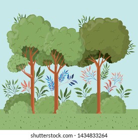 trees and leafs with bush landscape scene