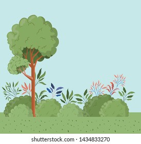 trees and leafs with bush landscape scene