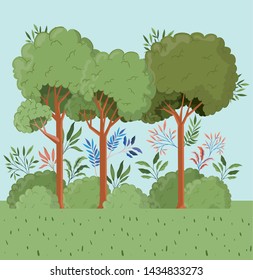 trees and leafs with bush landscape scene
