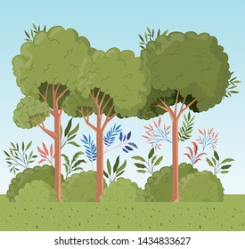 trees and leafs with bush landscape scene