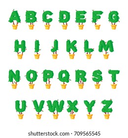 Trees and leaves alphabet. Green alphabet set in flat style, font made out of pot plants. Seasonal summer letters. Letters flat illustration set