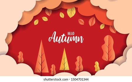 Trees and leaves in the clouds and  Hello Autumn advertising header or banner design.  Paper cut and craft style background. Vector Illustration.