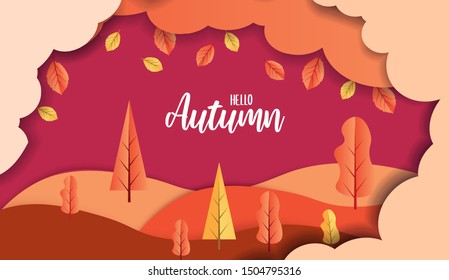 Trees and leaves in the clouds and  Hello Autumn advertising header or banner design.  Paper cut and craft style background. Vector Illustration.