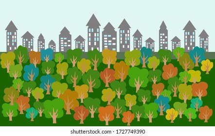 Trees with leaves in different color vector isolated on background, public forest park in big city, abstract background of autumn trees in green park around city, flat vector icon for graphic design