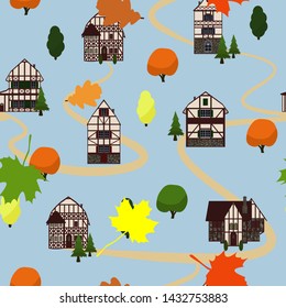 Trees, leaves and houses seamless pattern. European village. Autumn landscape. For wrapping paper, wallpaper, cover, fabric.