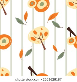 Árvores e folhas em um fundo de listras verde e branco. Padrão contínuo de outono para roupas, tecido, papel de parede, pano de fundo, decoração de casa, livro de capa e arte de parede. 