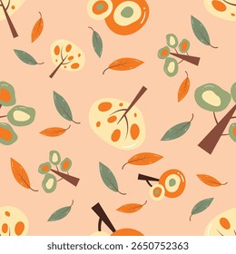 Árvores e folhas em um fundo laranja. Padrão contínuo de outono para roupas, tecido, papel de parede, pano de fundo, decoração de casa, livro de capa e arte de parede. 