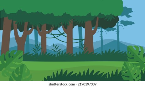 Trees with lianas and a clearing against the backdrop of mountains