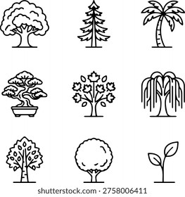 Trees line icons set with diverse species