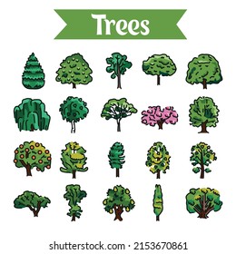Trees line icons set. Isolated vector element. Outline pictograms for web page, mobile app, promo. Editable stroke.