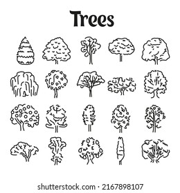 Trees line icons set. Isolated vector element. Outline pictograms for web page, mobile app, promo. Editable stroke.