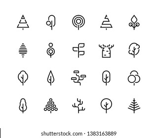 Trees line icons. Simple minimalist plants, organic geometric abstract shapes of leaves and pine forest trees. Vector beauty tree logo set