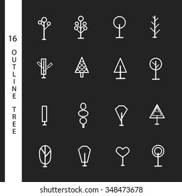 Trees line icons, simple and thin line design on the black background. Use for landscape design.