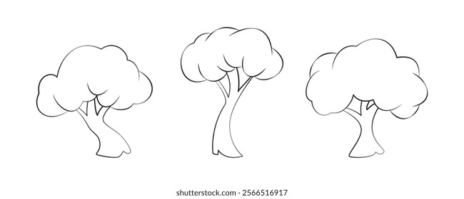 Trees in a linear style. Collection of plant in linear style illustration