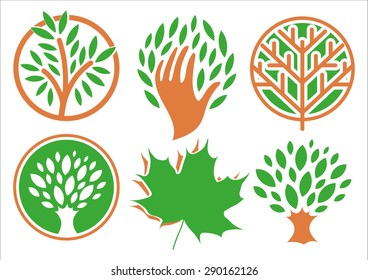 Trees logo template. Nature isolated unusual shape. Leaves logotype set.