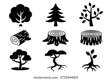 Trees logs and stumps collection pine tree sapling