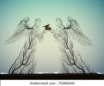  trees look like angels with birds and nest, forest spirit,  trees sculpture with birds, tree`s dream, vector