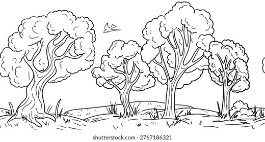 Trees with lush crown grow on hill, sketch is hand-drawn. Vector illustration. Forest with grass and bushes, bird, seamless pattern, isolated on white background, Concept of forest, garden and summer