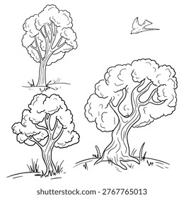 Trees with lush crown grow on hill, the sketch is hand-drawn. Vector illustration. Forest clearing with grass and bushes, with a bird, linear drawing, isolated on background Concept garden and summer