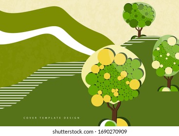Trees with lush foliage from bright circles on a wavy background. The concept of ecology, natural product. Vector illustration for your design.