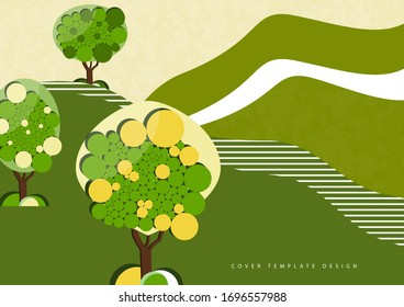 Árboles con follaje exuberante de círculos brillantes sobre un fondo ondulado. El concepto de ecología, producto natural. Ilustración vectorial para su diseño.