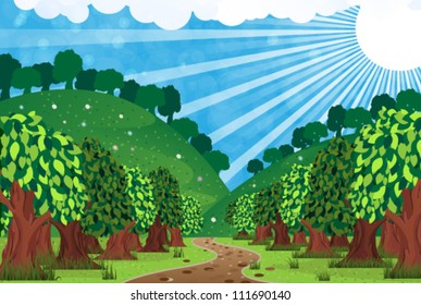 Trees with lush foliage and winding footpath. Sunny rural landscape