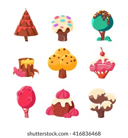 Trees Made Of Sweets Set Of Colorful Simple Design Vector Drawings Isolated On White Background