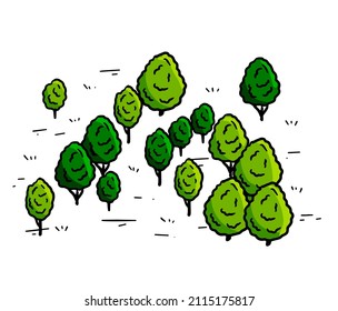 Trees for map. Hand drawn Green forest. Sketch park area. Outline cartoon illustration