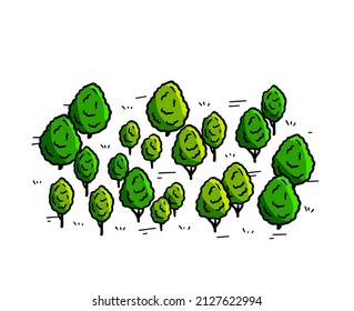 Trees for map. Hand drawn Green forest. Sketch park area. Outline cartoon illustration