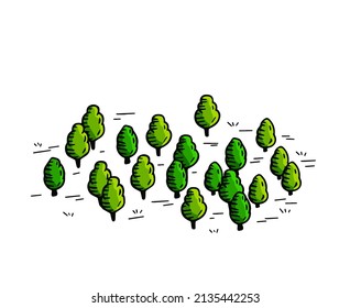 Trees for map. Hand drawn Green forest. Sketch park area. Outline cartoon illustration