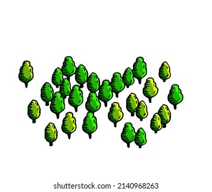 Trees for map. Hand drawn Green forest. Sketch park area. Outline cartoon illustration