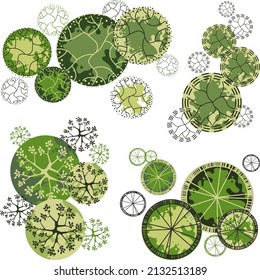 Trees for the master plan. Tree for architectural floor plans. Entourage design. Various trees, bushes, and shrubs, top view for the landscape design plan.