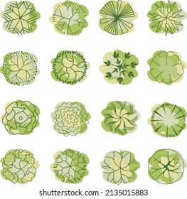 Trees for the master plan. Tree for architectural floor plans. Entourage design. Various trees, bushes, and shrubs, top view for the landscape design plan. Vector illustration.