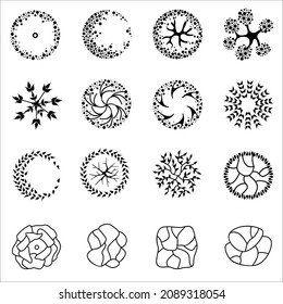  Trees for the master plan. Tree plans for architectural floor plans or landscape designs. Entourage design. Vector illustration.