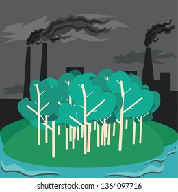 trees in the meadow, against the background of plants, smog and smoke