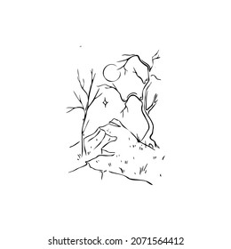 Trees, moon, mountain sketch vector illustration on a transparent background