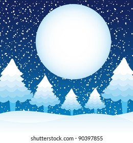 trees and moon over snow, winter landscape. vector illustration