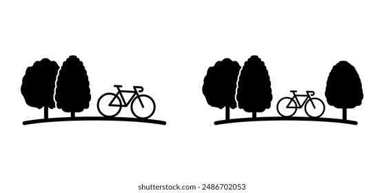 Trees and mountain biker. Line pattern. Forest, bike sports icon. Wood, timber. Trees and leaf. Vacation, holiday logo. Bicycle area. Nature reserve sign. Cycling, cyclist sport. Trekking route.